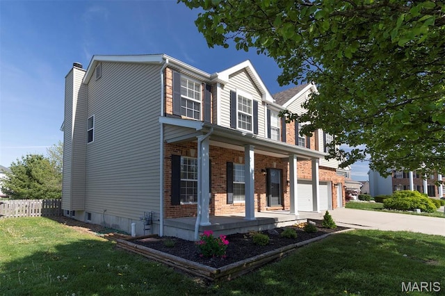 1739 Naughton Way, Swansea, IL 62226 - view of front of home featuring a porch, driveway, brick siding, a chimney, and a garage
