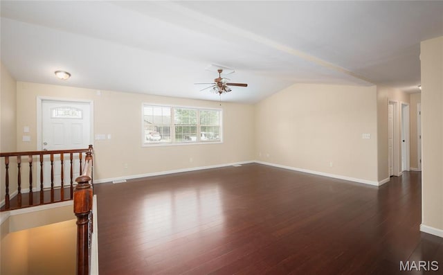 19252 Lambert Ln, Waynesville, MO 65583 - unfurnished room with a ceiling fan, dark wood-style floors, baseboards, and lofted ceiling
