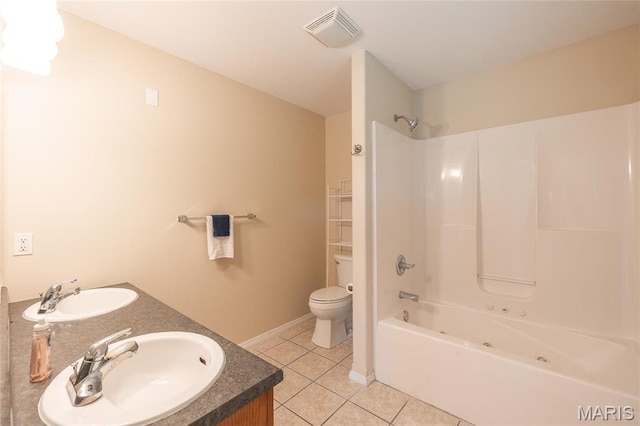 19252 Lambert Ln, Waynesville, MO 65583 - full bathroom with tile patterned floors, toilet, shower / washtub combination, double vanity, and baseboards