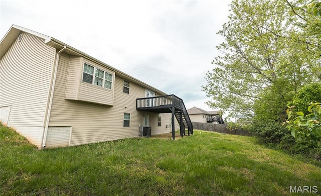 19252 Lambert Ln, Waynesville, MO 65583 - rear view of property with stairway, central AC, a wooden deck, and fence
