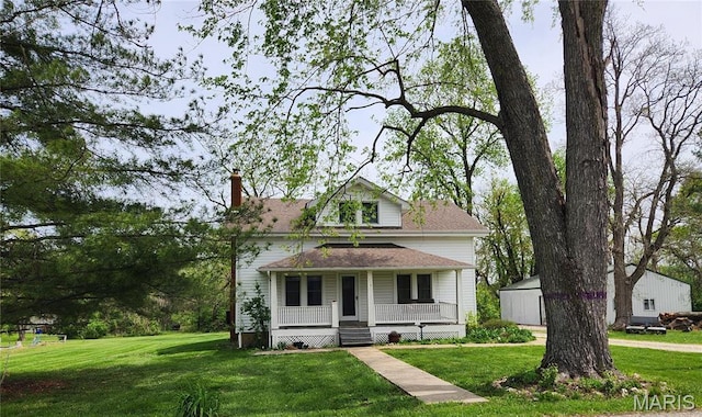 114 S Water St, Truesdale, MO 63380 - view of front of property with covered porch, a front yard, and a chimney