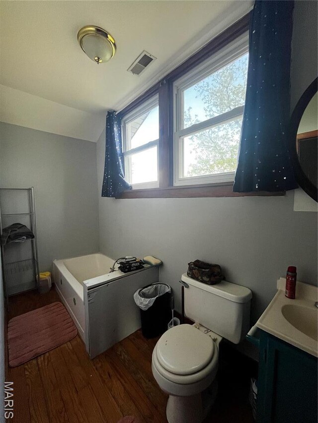 114 S Water St, Truesdale, MO 63380 - full bath featuring wood finished floors, toilet, a bathtub, vaulted ceiling, and vanity