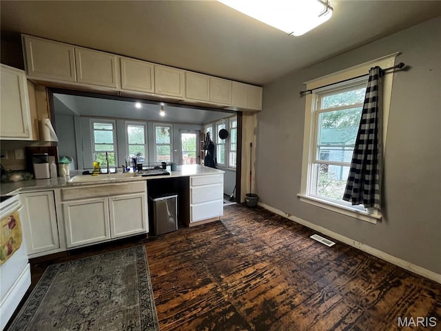 114 S Water St, Truesdale, MO 63380 - kitchen with a sink, dark wood-type flooring, white cabinetry, and a peninsula