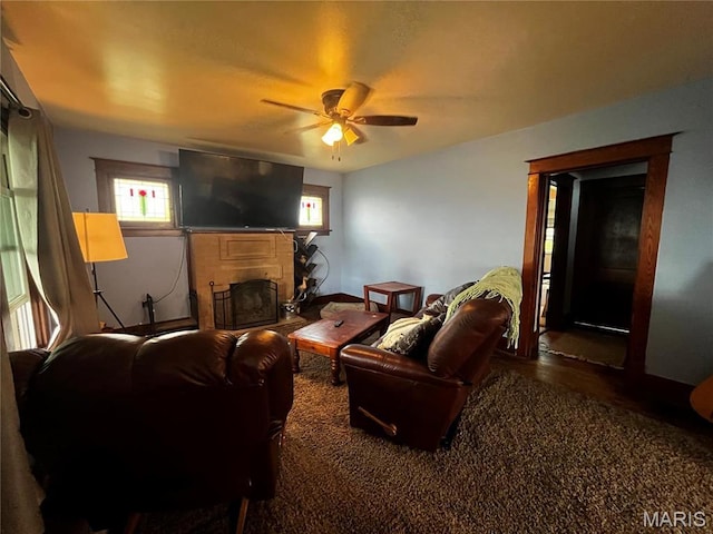114 S Water St, Truesdale, MO 63380 - living area with a fireplace, a ceiling fan, and wood finished floors