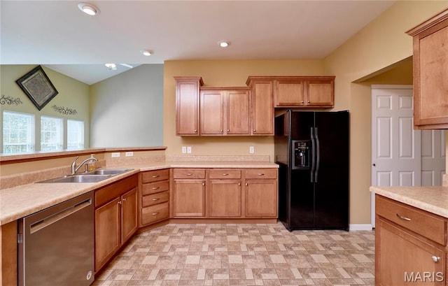 225 River Bluff Ct, Troy, MO 63379 - kitchen featuring black fridge with ice dispenser, stainless steel dishwasher, a sink, light countertops, and baseboards