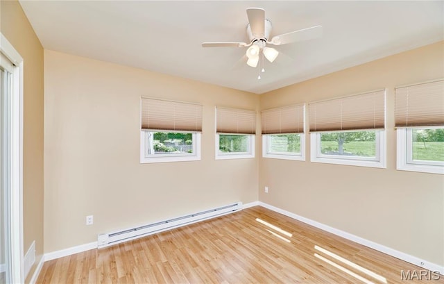 225 River Bluff Ct, Troy, MO 63379 - empty room featuring baseboard heating, baseboards, wood finished floors, and a ceiling fan