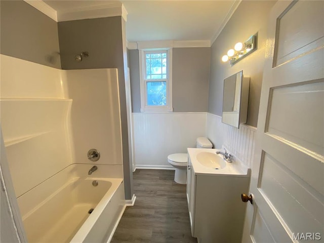 616 N Church St, Belleville, IL 62220 - full bathroom with vanity, crown molding, toilet, a wainscoted wall, and wood finished floors