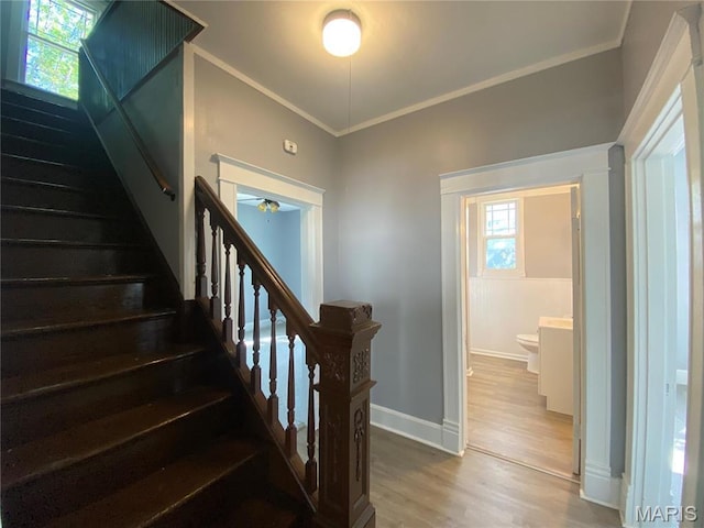 616 N Church St, Belleville, IL 62220 - stairs featuring wood finished floors, baseboards, and ornamental molding