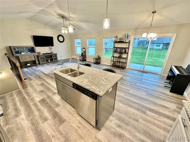 3553 Chippewa Dr, Shiloh, IL 62221 - kitchen featuring a sink, dishwasher, open floor plan, a ceiling fan, and a chandelier