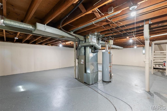 unfinished below grade area featuring water heater and heating unit