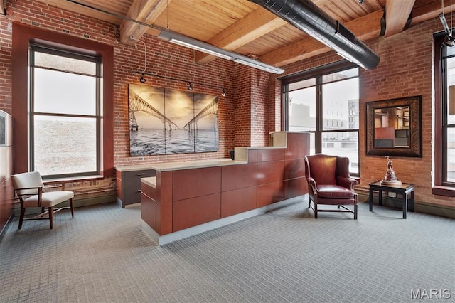sitting room with carpet, brick wall, and wood ceiling