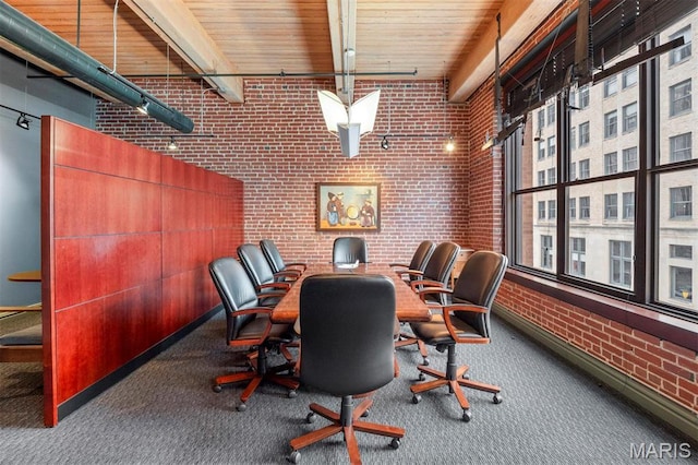 carpeted office space featuring brick wall and wood ceiling