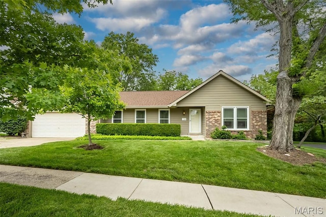 739 Muir View Dr, Ballwin, MO 63011 - ranch-style house featuring concrete driveway, brick siding, a front yard, and an attached garage