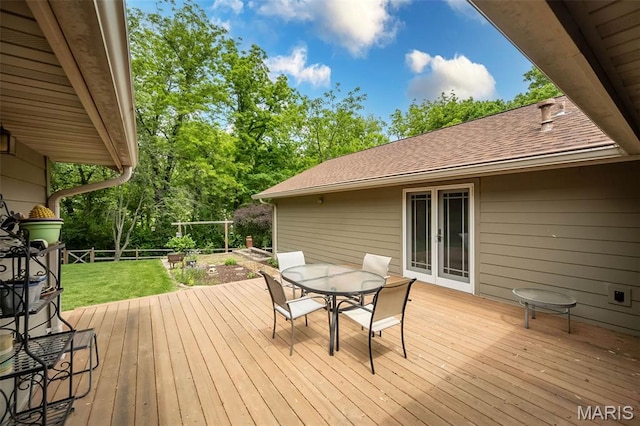 739 Muir View Dr, Ballwin, MO 63011 - wooden deck featuring outdoor dining area and view of wooded area