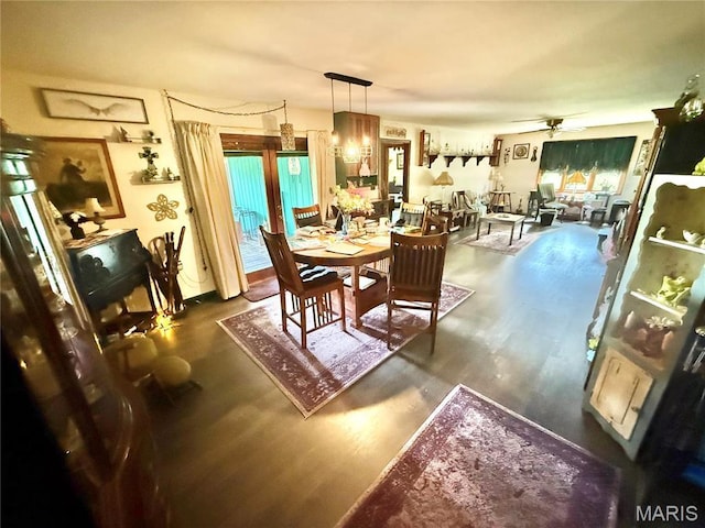 dining room featuring dark wood-style flooring and ceiling fan