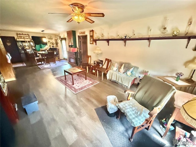 living area featuring a ceiling fan and wood finished floors
