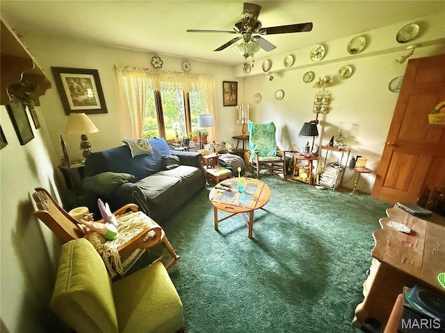living room with carpet flooring and a ceiling fan