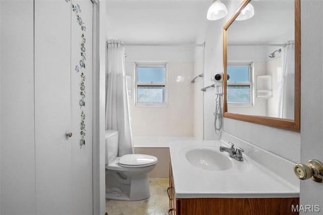 bathroom featuring toilet, vanity, plenty of natural light, and shower / bathtub combination with curtain