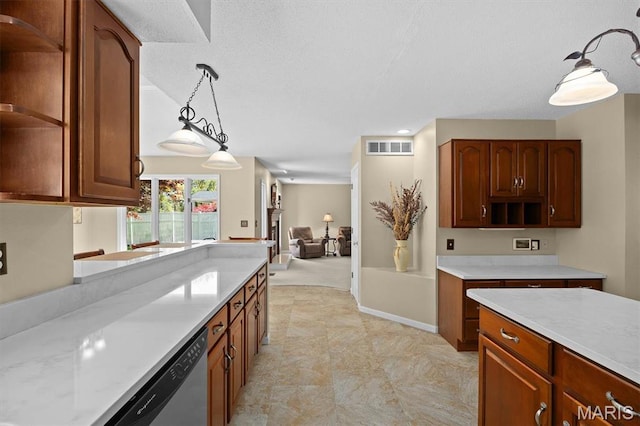 109 Pleasant Ridge Dr, Edwardsville, IL 62025 - kitchen with open shelves, hanging light fixtures, light countertops, stainless steel dishwasher, and brown cabinetry