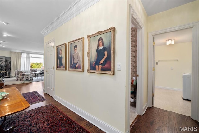 800 S Hanley Rd Unit 2D, Saint Louis, MO 63105 - hall featuring dark wood-style flooring, ornamental molding, and baseboards