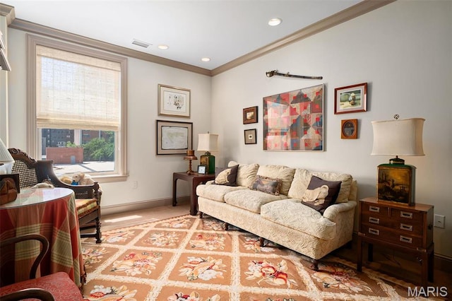 800 S Hanley Rd Unit 2D, Saint Louis, MO 63105 - living area featuring ornamental molding, baseboards, and recessed lighting