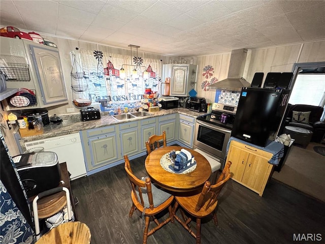 619 Frankford Rd, Louisiana, MO 63353 - kitchen featuring wall chimney range hood, electric range, a sink, dark wood-type flooring, and dishwasher
