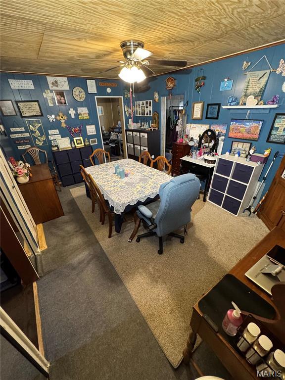 619 Frankford Rd, Louisiana, MO 63353 - dining space featuring carpet and a ceiling fan