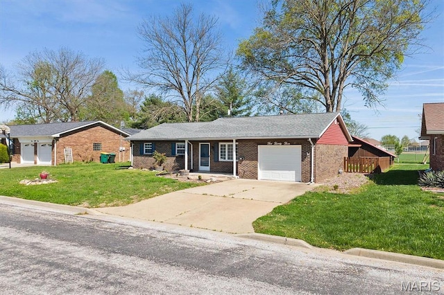 ranch-style home featuring an attached garage, brick siding, a front yard, and driveway