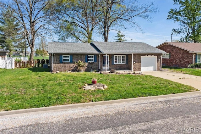 single story home featuring a garage, concrete driveway, brick siding, and cooling unit