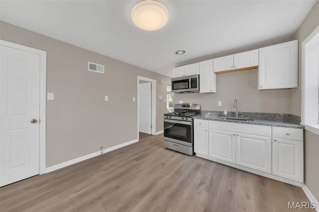 6635 Donald St, Saint Louis, MO 63121 - kitchen featuring stainless steel appliances, a sink, light wood-type flooring, white cabinetry, and baseboards