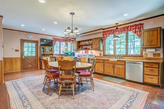 1577 Kehrs Mill Rd, Chesterfield, MO 63005 - dining area with crown molding, brick flooring, wainscoting, a chandelier, and recessed lighting