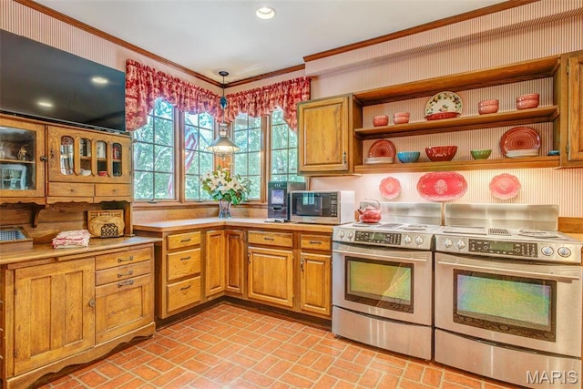 1577 Kehrs Mill Rd, Chesterfield, MO 63005 - kitchen featuring appliances with stainless steel finishes, brick patterned floors, ornamental molding, light countertops, and open shelves