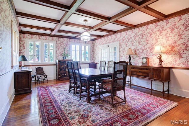 1577 Kehrs Mill Rd, Chesterfield, MO 63005 - dining area featuring wood-type flooring, beamed ceiling, wallpapered walls, coffered ceiling, and baseboards