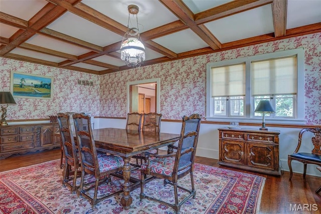 1577 Kehrs Mill Rd, Chesterfield, MO 63005 - dining room featuring coffered ceiling, wood finished floors, beam ceiling, a wainscoted wall, and a chandelier