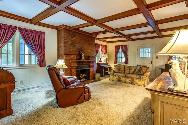 1577 Kehrs Mill Rd, Chesterfield, MO 63005 - living area featuring carpet floors, coffered ceiling, a fireplace, and beamed ceiling