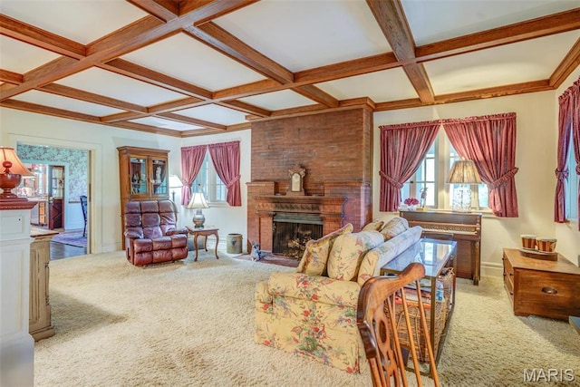 1577 Kehrs Mill Rd, Chesterfield, MO 63005 - living room featuring coffered ceiling, carpet flooring, a fireplace, healthy amount of natural light, and beamed ceiling
