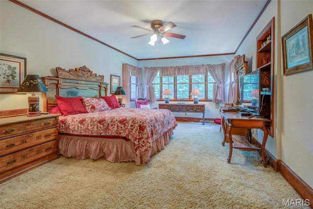 1577 Kehrs Mill Rd, Chesterfield, MO 63005 - carpeted bedroom with ornamental molding, baseboards, and a ceiling fan