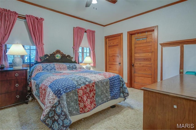 1577 Kehrs Mill Rd, Chesterfield, MO 63005 - carpeted bedroom with crown molding, a ceiling fan, and multiple closets