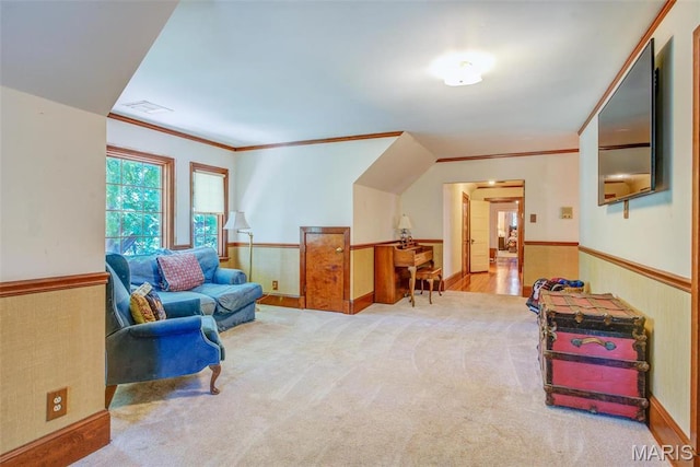 1577 Kehrs Mill Rd, Chesterfield, MO 63005 - sitting room featuring wainscoting, carpet flooring, and ornamental molding