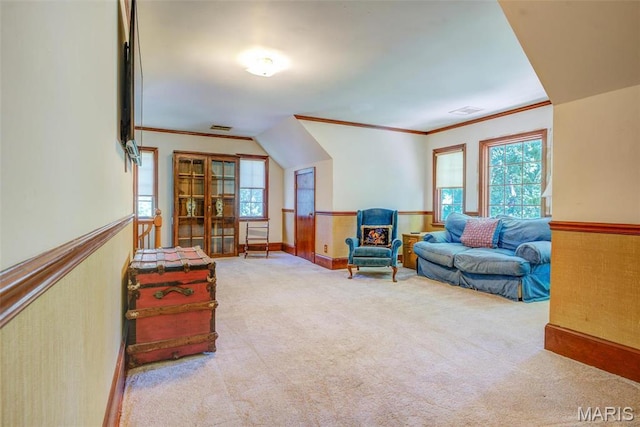 1577 Kehrs Mill Rd, Chesterfield, MO 63005 - living area featuring carpet flooring, wainscoting, healthy amount of natural light, and crown molding