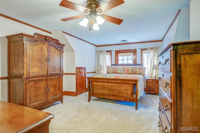 1577 Kehrs Mill Rd, Chesterfield, MO 63005 - bedroom featuring light carpet, ornamental molding, vaulted ceiling, and ceiling fan