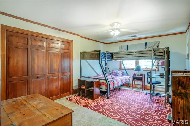 1577 Kehrs Mill Rd, Chesterfield, MO 63005 - carpeted bedroom with ornamental molding, a closet, a ceiling fan, and baseboards