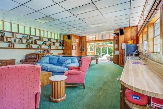 1577 Kehrs Mill Rd, Chesterfield, MO 63005 - living area with carpet flooring, billiards table, wooden walls, and a paneled ceiling