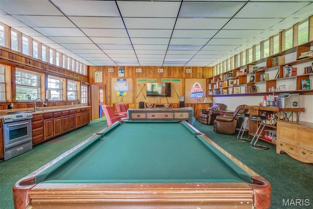 1577 Kehrs Mill Rd, Chesterfield, MO 63005 - recreation room with carpet, a drop ceiling, wooden walls, and billiards