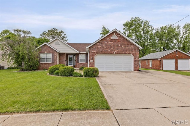ranch-style house with brick siding, a front yard, driveway, and an attached garage