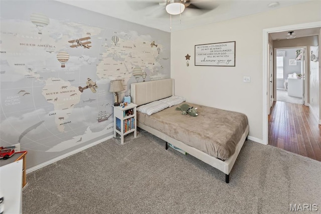 bedroom with carpet floors, baseboards, and ceiling fan