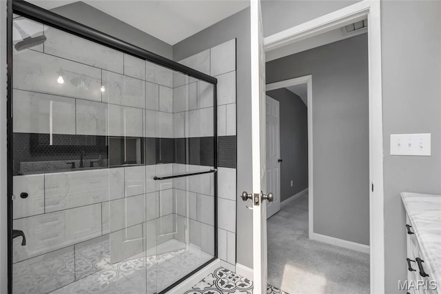 1211 Napoleon Dr, Bonne Terre, MO 63628 - bathroom with a stall shower, vanity, and baseboards
