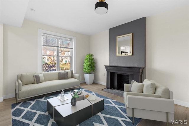 living area featuring baseboards, wood finished floors, and a fireplace with flush hearth