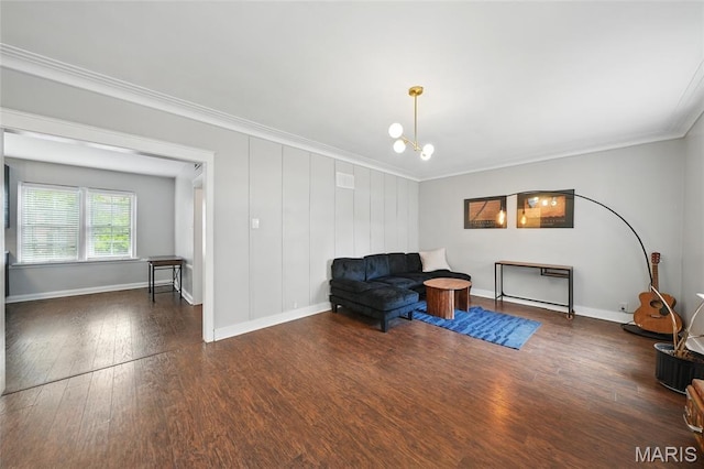 923 S Hanley Rd Unit A, Saint Louis, MO 63105 - living area with crown molding, wood finished floors, baseboards, and a chandelier