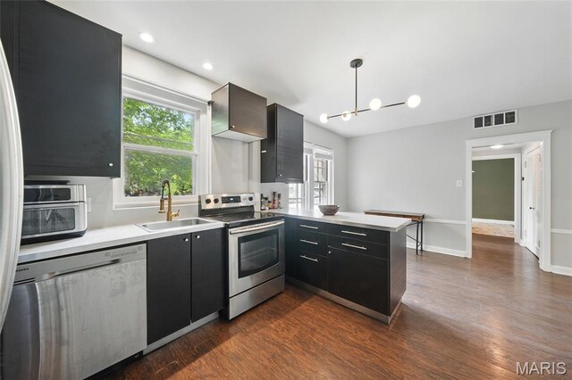 923 S Hanley Rd Unit A, Saint Louis, MO 63105 - kitchen with stainless steel appliances, a sink, a peninsula, dark wood-style floors, and recessed lighting